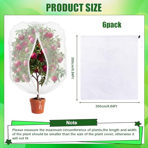 SATINIOR 6 Pcs Bird Netting for Garden 9.8 x 9.8 ft Garden Netting Plant Insect Mesh Bags Bush Net Cover with Drawstring Zipper for Blueberry Tomato Strawberry Plants Protection from Insect Squirrel - size: 9.8 x 9.8 ft
