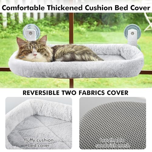 AMOSIJOY Cordless Cat Window Perch with Cushion Bed Metal Frame, L Gray - color: Gray Cushion Bed, size: Large
