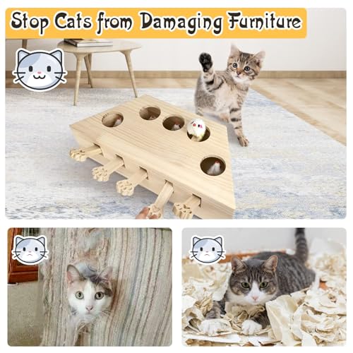 kathson Whack A Mole Cat Toy, Interactive Cat Toy Wood Kitten Puzzle Enrichment Box Catch Mice Game for Indoor Cat Exercise Relieve Boredom