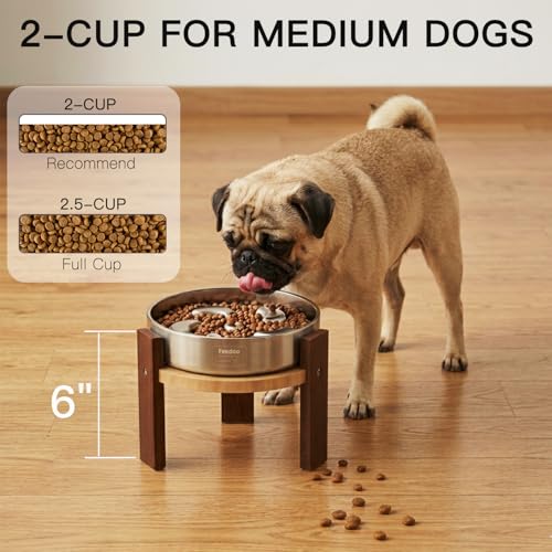 Feedoo Elevated Dog Bowl Stand, 6'' Height Raised Stand for Medium Dogs, Includes 2Cups Stainless Steel Slow Feeder Dog Bowl, Durable Solid Hardwood - color: 6" Height 2Cups Slow Feeder