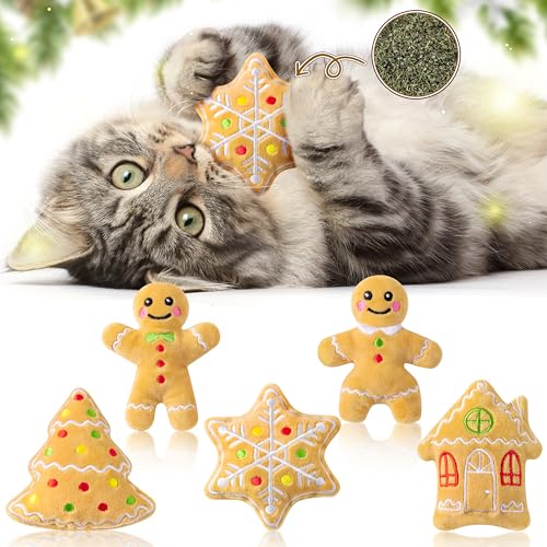 MALLMALL6 Catnip Toys for Cat - 5Pcs Christmas Gingerbread Catmint Interactive Cat Toy for Indoor Cats, Soft Plush Cat Supplies, Kitten Teething Chew Kick Toy Set, Pet Xmas Gifts for Cat Lover - style: Christmas Gingerbread