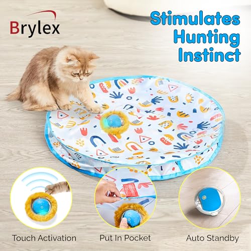 Brylex Interactive Cat Toys, Motion-Activated Rolling Ball with Play Mat, Automatic Hide-and-Seek Game, Fast & Slow Modes, USB Rechargeable Cat Enrichment Toy, 28" Play Mat - color: White Grain