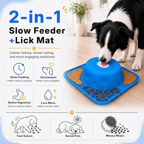 2-in-1 Slow Feeder Dog Bowl, Rolling Ball & Lick Mat, Large Blue