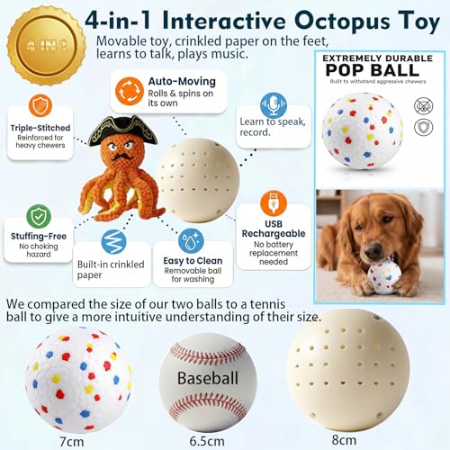 2026 Interactive Dog Toys, Self Moving Octopus Dog Toy Set with 2 Balls - Automatic Wobble Ball & Durable Chew Ball, 4-in-1 Squeaky Plush Enrichment Toy to Keep Them Busy for Medium Large Dogs - color: Orang