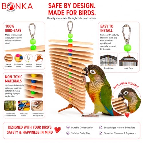 Bonka Bird Toys 867 Big Natural Stick Bird Toy 9.5" x 6" Natural Wood Metal and Plastic Interactive Chew Toy for Medium Parrots Beak Conditioning Climbing and Enrichment - size: Pack of 1