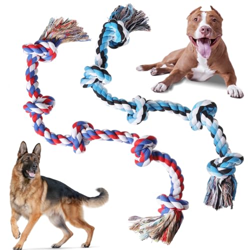 XIGOU Dog Rope Toys for Large Dogs Aggressive Chewers, Dog Chew Toys for Large Breed Indestructible, Heavy Duty Tough 3 Feet 5 Knots Dog Toy, Sturdy Rope toy for Dogs Tug of War Dog Toy Teeth Cleaning - color: Blue & Red