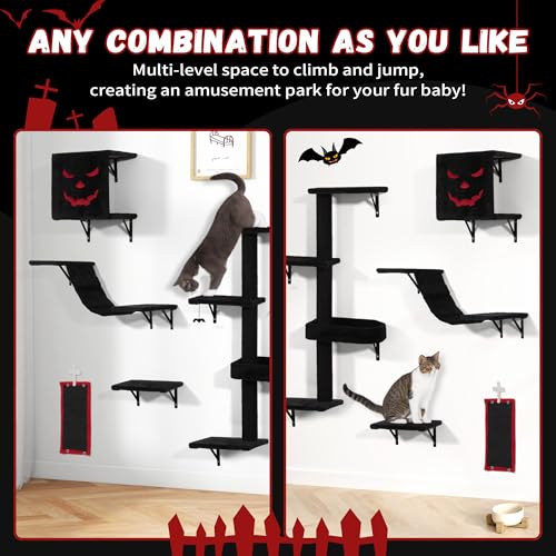 COZIWOW 5Pcs Wall Mount Cat Tree & Shelf Furniture for Cats, Black&Red - color: Red&Black
