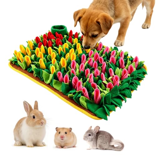 Snuffle Mat for Dogs and Small Pets, 22.8" x 15.4" Tulip Flower Interactive Foraging Feeding Mat, Portable Durable Polyester Nosework Pad, Slow Feeder Toy for Puppies, Rabbits, Cats and Hamsters