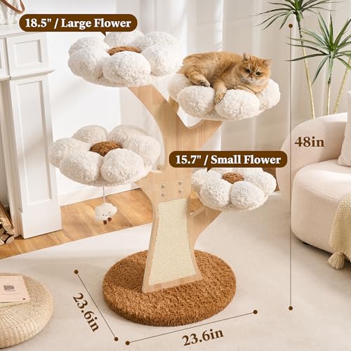 Aesthetic Flower Cat Tree Tower with Scratching Post for Indoor Cats, 48" Modern Cat Tree with Wood Sculpted Branch, Flower Cat Beds, Scratching Board & Interactive Squeaky Toy, Creamy White - color: 48"-Creamy White
