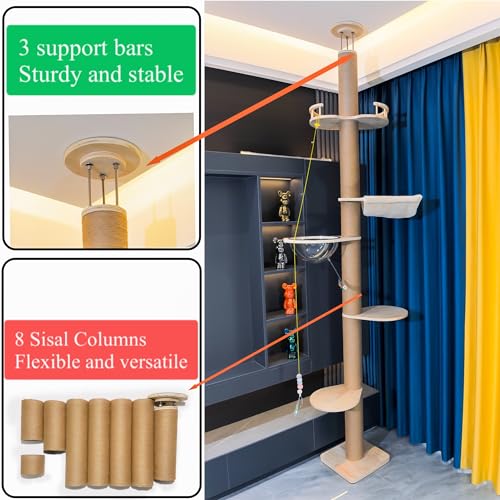 Floor to Ceiling Cat Tree Height (50-120.5in) Adjustable Cat Tower 5 Tier Hemp Scratching Post High Cat Tree Sturdy Activity Tree Indoor Outdoor Cat Scratching Post Activity Center - size: 5-tier cat tree