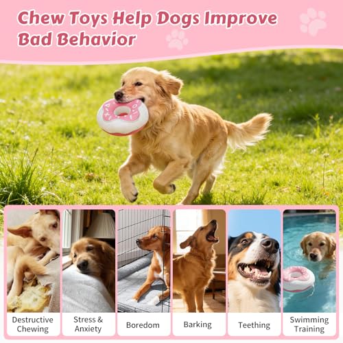 Tough Dog Chew Toys Indestructible Squeaky Toys for Aggressive Chewers Outdoor Swimming Interactive Tough Chew Toys for Medium and Large Dogs - color: Pink Donut