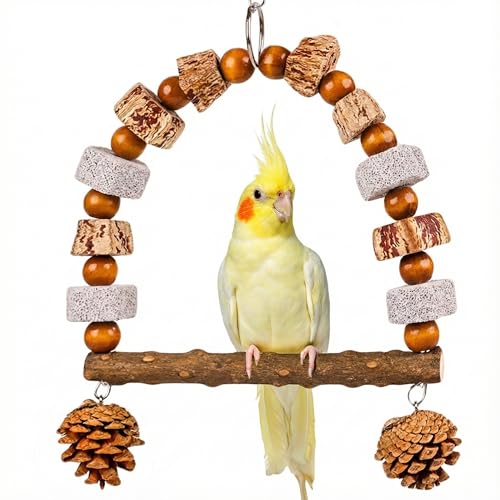 Natural Wood Bird Swing Toy for Parakeets Cockatiels, Parrot Hanging Perch with Chewing Pine Cones & Beak Grinding Pumice Stone, Bird Cage Accessories for Conure Lovebirds Budgies - Boredom Relief - color: Natural Wood-A
