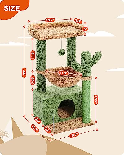PEQULTI 4-in-1 Cactus Cat Tree for Kittens & Small Cats, 33in Green Tower - color: Green, size: L(15.8"L x 15.8"W x 33"H)