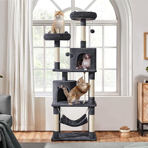 Yaheetech 70.5in Cat Tower, Multi Level Cat Tree Kitten Condo with 2 Condos & 2 Plush Perches & Scratching Post & Dangling Ball for Medium/Large Cats Dark Gray - color: Dark Gray, size: 70.5in