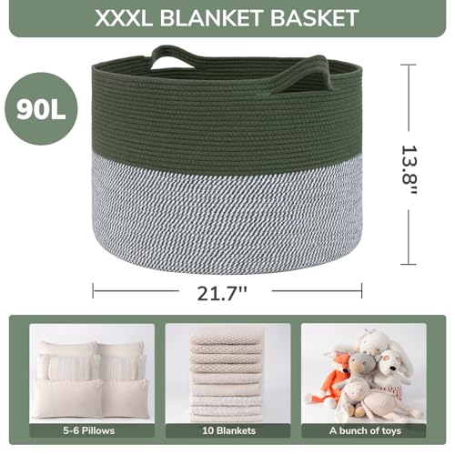 INDRESSME XXXLarge Woven Rope Blanket Basket Living Room Green, 90L - color: Green & White, size: 21.7"D x 13.8"H