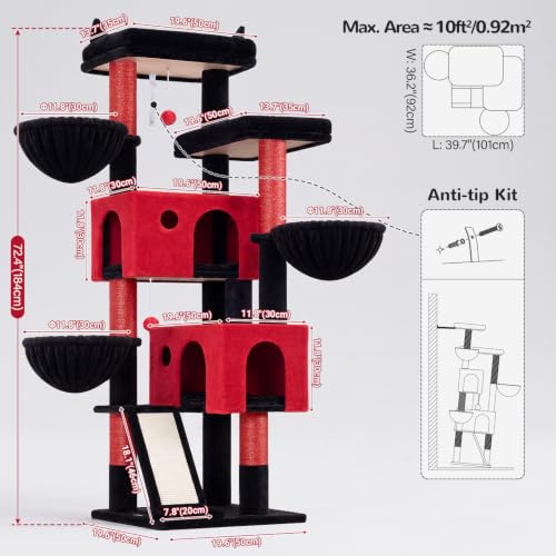 Globlazer Large Cat Tree 72in Tall Cat Climbing Tower, F72G, Gothic - color: Black Red