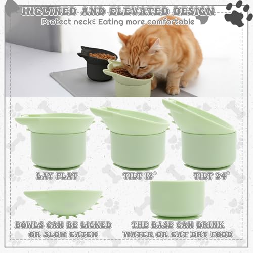 2 Pack Slow Feeder Cat Bowls Silicone Tilted Raised Pet Bowl - color: Black, Green