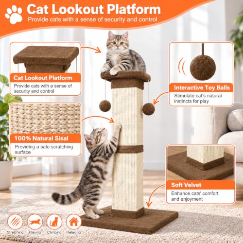 SOCATER Cat Scratching Post 33 Inch Nature Sisal Cat Scratch Post for Indoor Cats, Large Cat Scratcher Protect Your Furniture, for All Breeds Brown - color: Brown