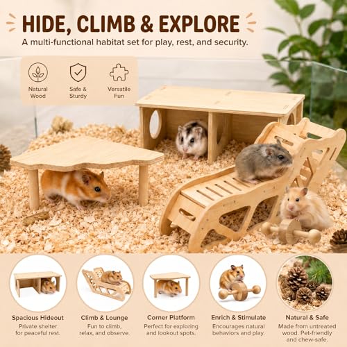 4 PCS Wooden Hamster Platform with Tunnel Ladder Hidden Area Platform