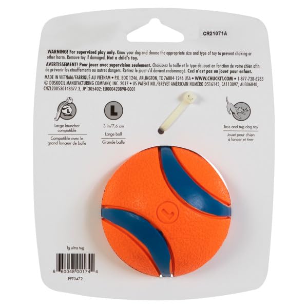 Chuckit! Ultra Tug Dog Toy - Ultra Ball on a Durable Nylon Cord Handle - Fetch and Tug-of-War Toy for Dogs - for Breeds 60-100 lbs - 3-inch Diameter - Orange and Blue Large (Pack of 12) - size: Large (Pack of 12), style: Ultra Tug