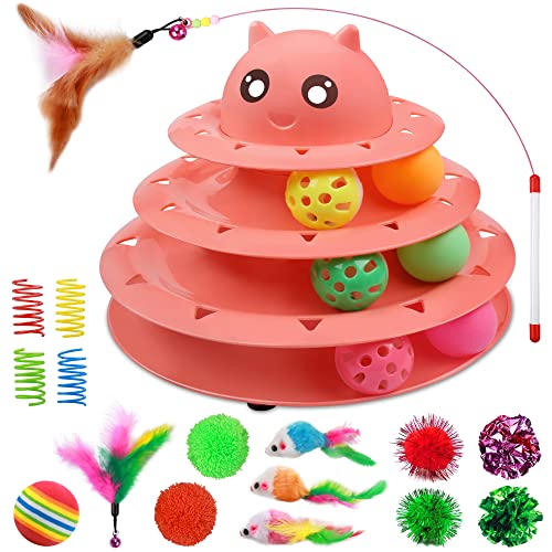 UPSKY 20 PCS Cat Toys Set with Teaser, Mice, Spring, and Various Ball Toys - color: B-Red