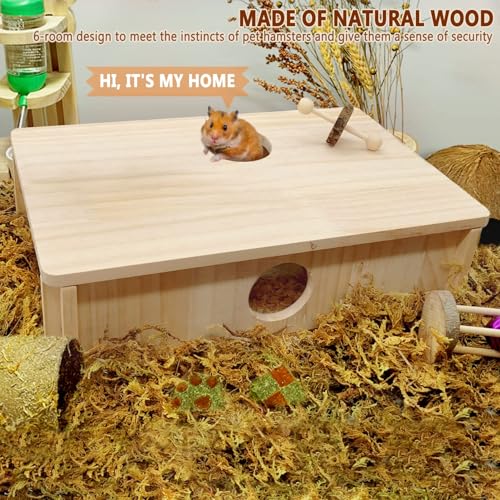 Kathson Multi-Chamber Hamster Tunnel House Maze: 2 Entrance 6 Rooms Hideout - color: Natural wood Hamster Maze House