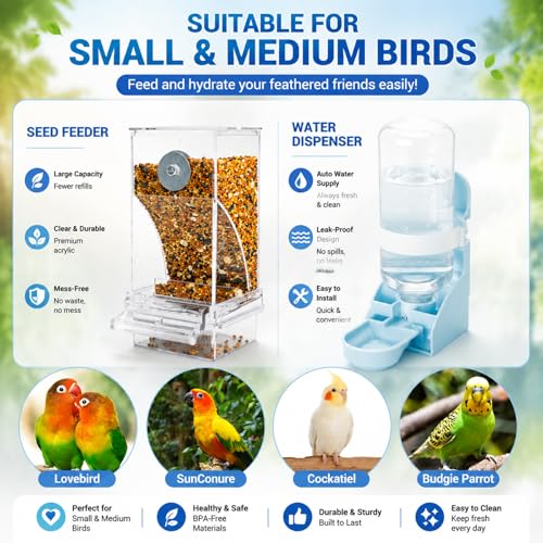 Rypet No-Mess Bird Feeder and Water Dispenser Set for Small Birds - color: White Feeder + Blue Drinking Bottle