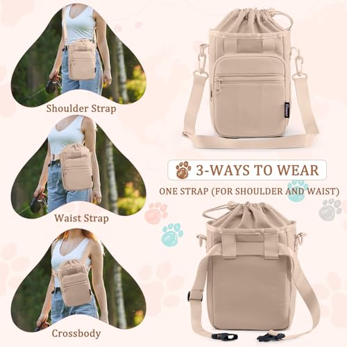 Stylish Dog Training Treat Pouch with Waist & Shoulder Strap, Dog Treat Bag for Walking and Training, Removable Waterproof Liner, Drawstring Treat Holder with Front Pocket & Clicker - color: Camel