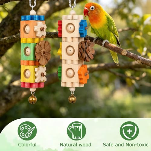 2 Pcs Bird Chew Toys for Parrots, Rotating Wooden Block Foraging Toy with Pine Cones & Bell, Hanging Multi-Layer Parrot Enrichment Cage Accessories for Beak Grinding, for Conure, Cockatiel, Budgie