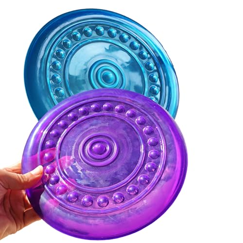 Dog Flying Discs Soft Teeth Cleanning Chew Toys,Rubber Material, Durable, Indestructible,2 Pack,18.5cm,90g,Blue and Purple Colors for Puppies Small Medium Dog Outdoor Training.