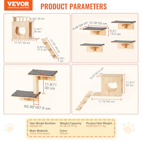 VEVOR Wall Mounted Cat Shelves, Cat Wall Shelves and Perches with Jumping Boards, Cat Beds, Hammocks & Cat Tree, Cat Furniture and Shelves up to 40 lbs for Sleeping, Playing, Climbing, Set of 9 - size: Set of 9, style: Free