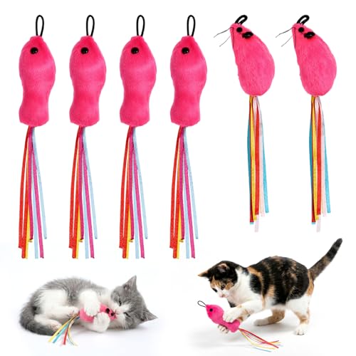 6 Pcs Catnip Cat Fish and Mice Toys, Cat Ribbon Toy Pink Cat Mouse Toy Cute Cat Feather Wand Accessories Interactive Cats Toys for Indoor Cats Kitten Play Exercise Chew
