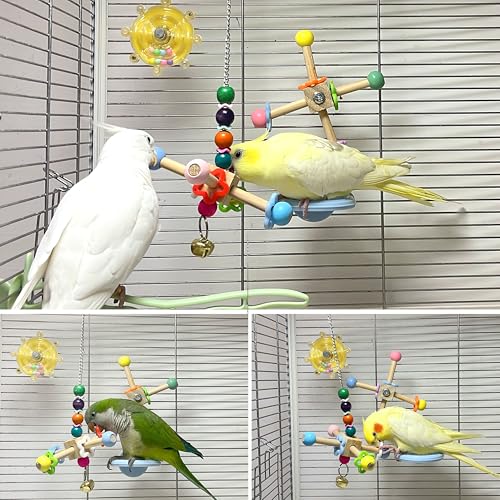 2Pcs Bird Foraging Toys Puzzle, Bird Slow Feeder Mats, Interactive Parrot Foraging Toys & 2pcs Bird Spinner Toys for Parrots with Bells, Natural Wood Parakeet Toys Noise for Cage
