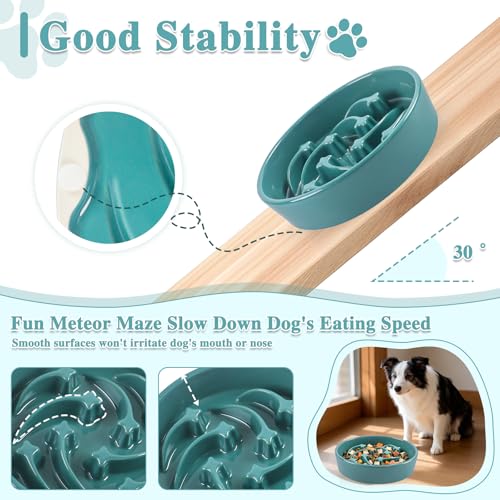 Ceramic Slow Feeder Dog Bowls,2 Cups Dog Food Dish for Medium & Large Breed - color: Dark Green-L