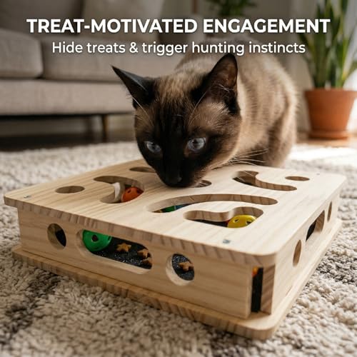 EIODEAR Cat Nail File Scratcher with 5 Sandpaper Pads, 4 Bell Balls, 8 Screw, Solid Wood Cat Scratch Puzzle Enrichment Box Nail Filer Box Toy to File Nails, Cat Treat Box for Treat-Motivated Cats