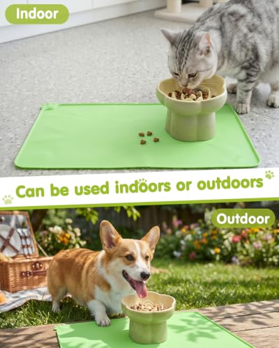 Ceramic Elevated Slow Feeder Cat Bowl Set with Feeding Mat & Measuring Scoop, Raised Tilted Puzzle Bowl for Cats & Small Dogs, Whisker Friendly Pet Feeding Dish for Dry Wet Food (Green) - color: Green