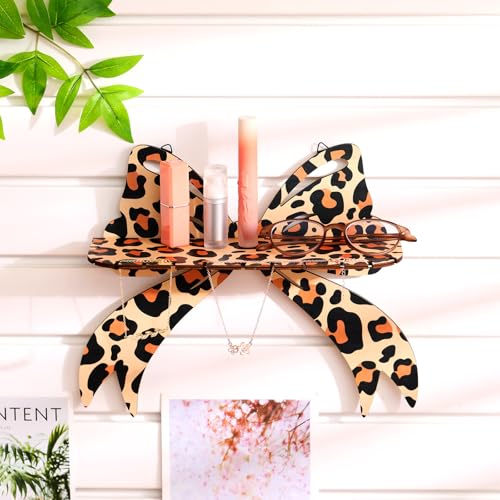 Pinkunn 2 Pcs Brown Leopard Bow Wall Shelves Floating, Wooden