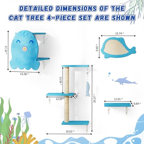 COZIWOW Wall Cat Tree,4Pc Ocean Blue Octopus Sisal Perch Multi-Cat Home - color: Ocean Blue
