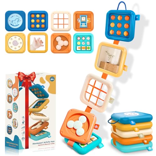 Portable Travel Toys for Baby 6-18M: 5 Foldable Cubes 7 Activity Panels