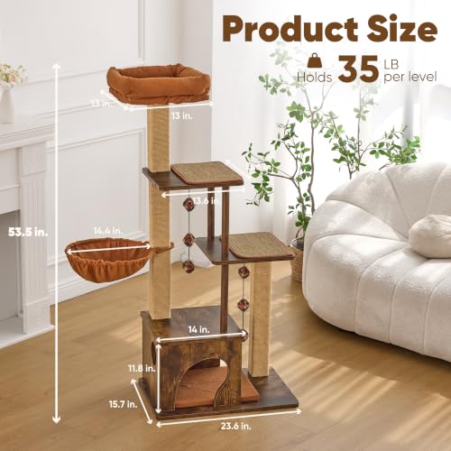 FUKUMARU Retro-Modern Cat Tree, 4 in 1 Large Cat Tower with Hammock & Condo