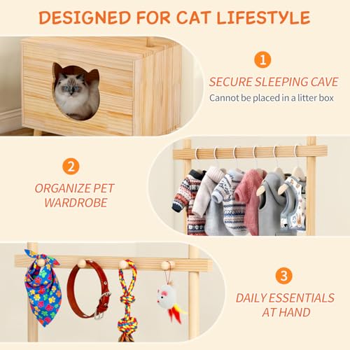Cat House Side Table,Dog Closet Wooden Pet House Kitten Clothes Rack,Indoor Cat Activity Center for Toy Organization,No Paint (Natural)