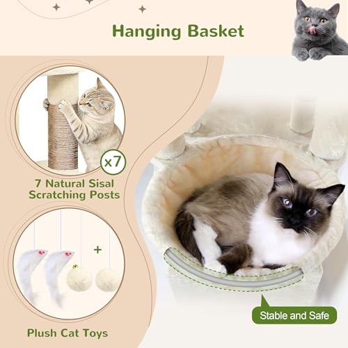 Globlazer 83 Inch Cat Tree Tower for Large Cats, Big Cat Tree for Multi-Cat Household with 2 Condos, 7 Sisal Posts, 2 Perches and Hammock, Sturdy Tall Kitten Activity Center, S83,Beige - color: Beige, size: 83 Inch