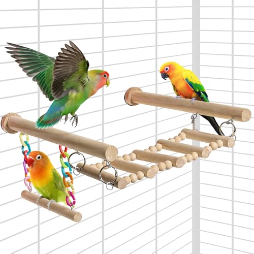 Bird Perches Ladder with Swing,Natural Wood Parrot Climbing Bridge Toys - color: A