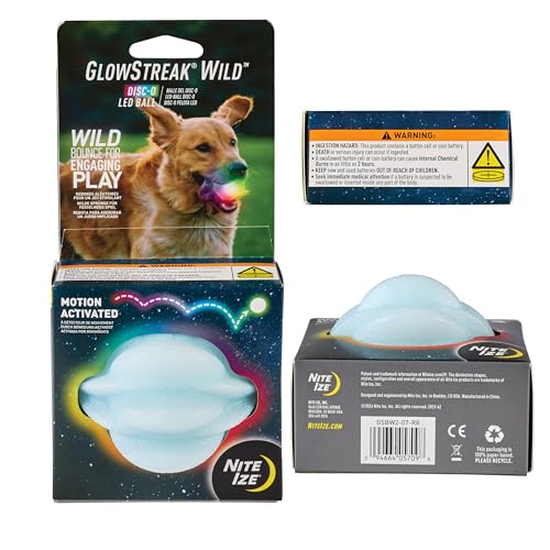 Nite Ize GlowStreak Wild LED Ball, Bouncy Motion Activated Light Up Dog Ball for High Energy Dogs, Disc-O