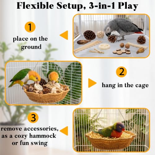 34Pcs African Grey Large Bird Foraging Toy Set with Hanging Basket - size: Size L for Large Birds