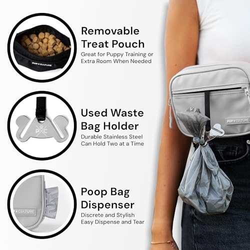 Pup Culture Dog Treat Pouch with Poop Bag Dispenser and Removable Treat Pouch | Cross Body Dog Walking Bag | The Perfect Puppy Training Tool and Even Better Gift - color: Grey