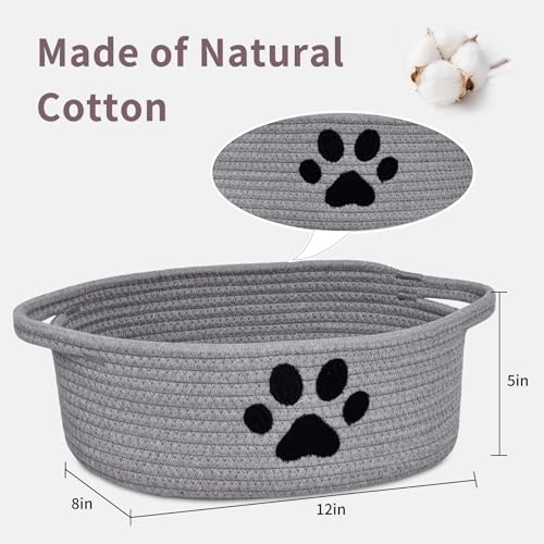 Small Woven Dog Toy Basket with Handle, Cute Paw - color: Grey