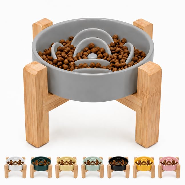 Petygooing Elevated Slow Feeder Ceramic Dog Bowls 8.26in, Slow Feeder Elevated Bowl for Small&Medium, Ceramic Slow Feeder Heavy Weighted Non-Toxic Non-Slip Puzzle Maze (Gray, 8.26in) - color: Gray, size: 8.26in