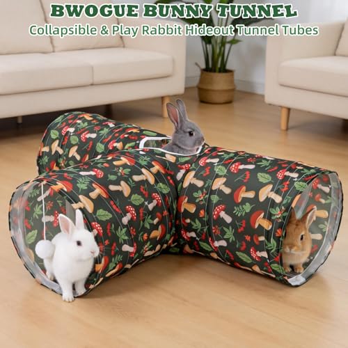 BWOGUE Bunny Tunnels & Tubes, 3-Way Collapsible Rabbit Hideout for Bunnies - color: Mushroom
