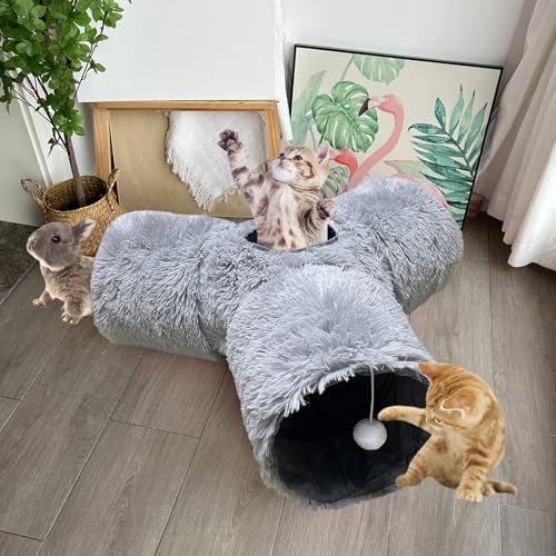 3-Way Collapsible Cat Tunnel Tube Toy Grey Plush - color: Grey Plush